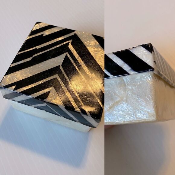 Capiz Shell mother of pearl Trinket Box Jewelry White black Lid Coastal 3x3x2.5 - Picture 1 of 9